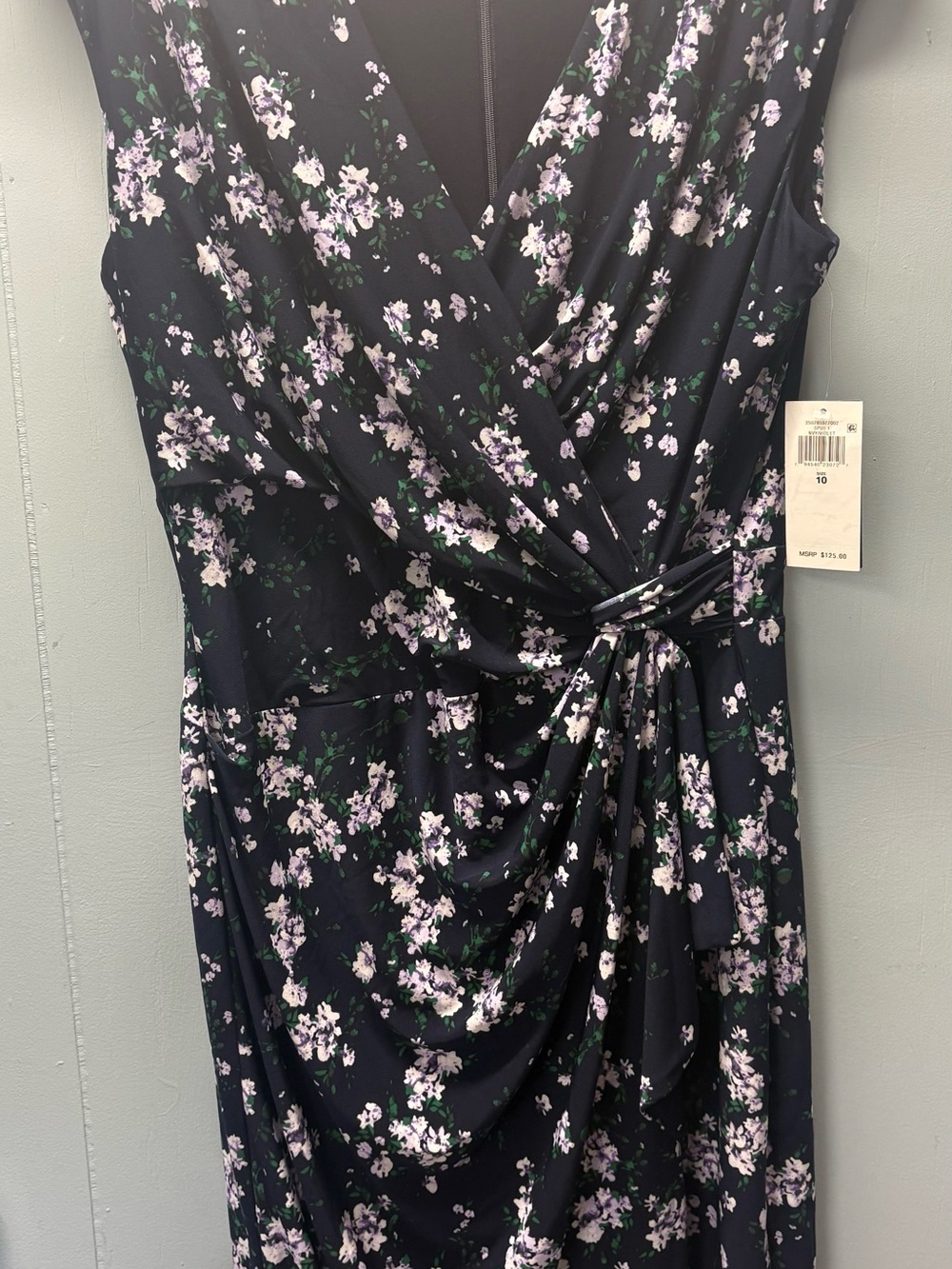 Ralph Lauren Navy Sleeveless Midi Dress with Lilac Floral Print